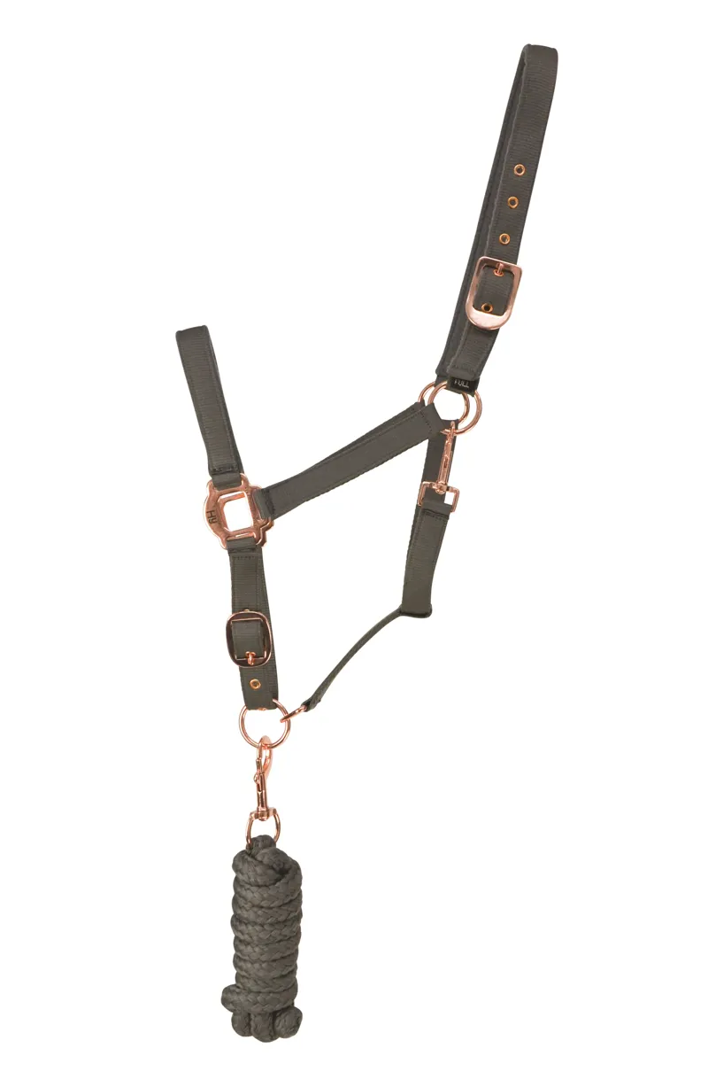 Hy Equestrian Rose Gold Head Collar and Lead Rope - Grey/Rose Gold